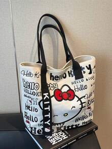 Sanrio 1pc Hello Kitty Canvas Bag For Women, Large Capacity Single Shoulder Handbag, Cartoon Cute Commuter Bag, Fashionable And Versatile Shopping Bag, Student Commuter Bag, Large Capacity Mommy Bag, Lightweight Single Shoulder Bag