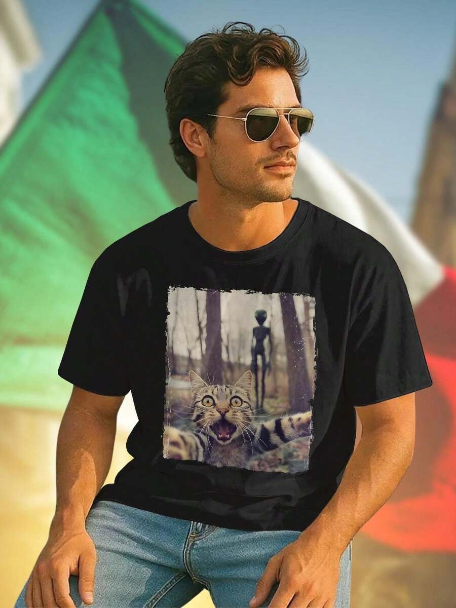 Alien Surprise Cat T Shirt Uomo Moda Estiva Casual Stampa Divertente Idea Regalo Originale Offerta Esclusiva Maglietta Giornata Promo Stile  Nuova Collezione