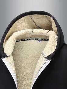 Teen Boys' Winter Versatile Minimalist Ribbed Cuff & Hem Design Zipper Pocket Thermal Lined Hooded Sweatshirt Jacket