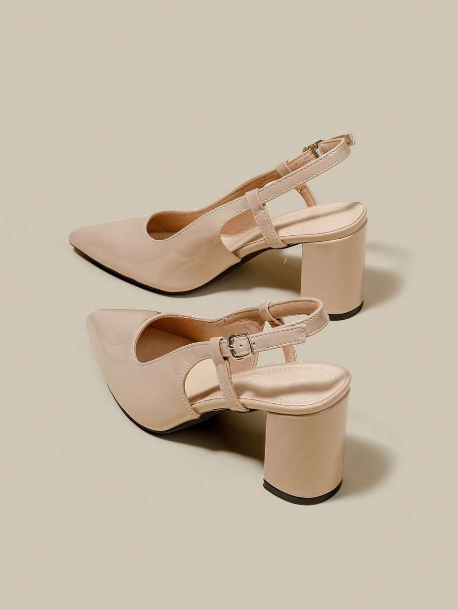 女士杏色漆皮尖头单带粗跟高跟鞋，优雅尖头正式高跟鞋，时尚露跟高跟鞋