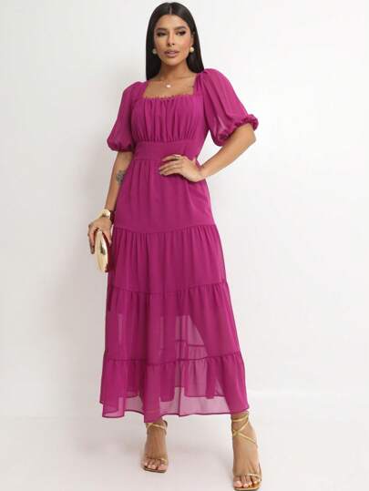 Vestido  Midi-Elegãncia e Leveza Cores Lisas Moda Casual  Franzido    Chiffon    Casamento