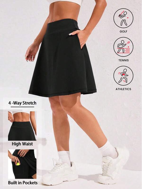 Women's 2-In-1 Mid-Length Tennis Skirt,High Waist Golf Skorts With Inner Shorts Pockets,Quick Drying Sport Yoga Fitness Skirts,Women's Activewear.