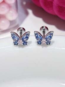 2 Stücke/Set zarte rosa, weiße, blaue Schmetterling Titan Stahl Hypoallergene Ohrknorpel Ohrstecker, funkelnde zweifarbige Schmetterling Titan Stahl Ohrclips Ohrringe, 20G Gewindeohrringe mit Strass