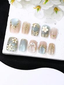 纯手工美甲，10件套，短梯形，法式美甲，按压式美甲，可穿戴美甲，优雅大方的设计，凝胶抛光，猫眼效果，金属光泽，全覆盖假指甲尖，填充各种形状的3D大水钻和指甲宝石，配有1管果冻胶，1根指甲棒和抛光胶带。