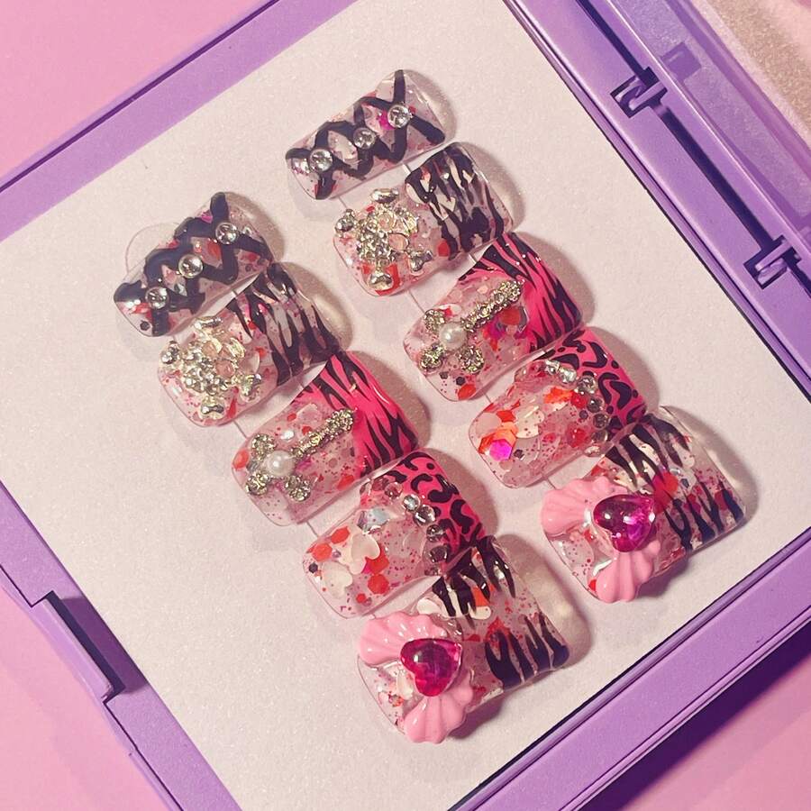 10pcs Y2K Red Nails Chic Short Duckbill Press On Nails Set - Handcrafted With Shiny Rhinestones, Zebra Stripes, Hearts, And Crystal Accents, Features Pink Black And French Tip Style, Perfect For Parties & Casual Attire, Suitable For Wedding Parties And Daily Wear, Includes Tool Kit For Easy Application. - 混合色 - 查看 1