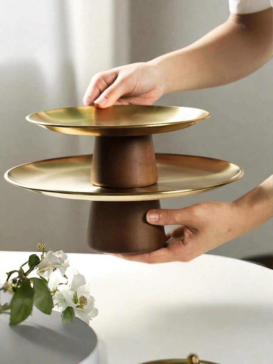 1 khay hình bầu dục bằng thép không gỉ có đế, dùng làm giá đựng bánh, đĩa trưng bày món tráng miệng, đĩa phục vụ hình chữ nhật. - vàng hình bầu dục - Xem 1