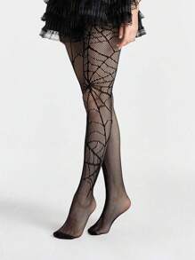 1pc Halloween Plus Size Women Sexy Spider Web Fishnet Stockings/Pantyhose, Stretchy Knit Tight Leggings Christmas Gift - Spider and Spider Web - View 2