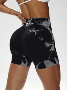 PinkTip Women's Summer Tie-Dye Print Cycling Shorts, Suitable For Running, Yoga - Black and White - View 4