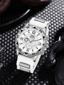 1条男士硅胶表带，休闲运动三眼数字石英表，适合日常佩戴或作为节日礼物送给朋友 - 銀色 - 查看 2