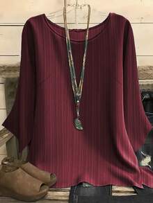 大码休闲百搭纯色T恤 - 酒紅色 - 查看 1