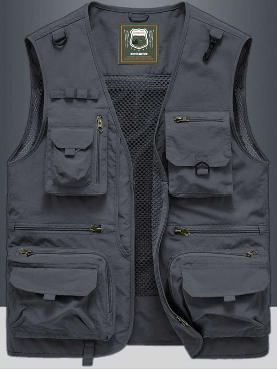 Non-Stretch Outdoor Men's Spring/Autumn Thin Vest With Multi-Functional Pockets, Casual Utility Fishing & Photography Jacket - Grey - View 1