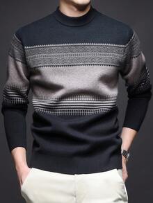 男士厚圆领毛衣，商务休闲提花针织长袖套头衫，适合分层穿着或外套，秋冬 - 黑色 - 查看 6