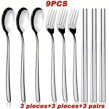 3/9pcs Spoon, Fork & Chopstick Cutlery Set, Korean Cutlery Set, High-Quality Stainless Steel Portable Spoon, Fork And Chopstick Set, Suitable For Home/Party/Outdoor/Travel/Picnic/Back To School