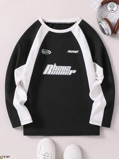 青少年/男童宽松字母印花插肩T恤，撞色设计，时尚有型，圆领长袖上衣，适合春/秋/冬季穿着。