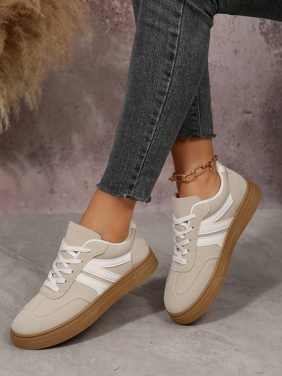 秋冬款 1 双女式时尚运动鞋，几何图案 PU 鞋面，系带闭合，复古圆头，休闲运动鞋 - 米色 - 查看 1