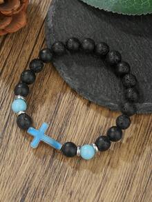 1pc Volcano Stone Night Glow Vintage Bracelet, Multicolor Luminous Cross Beads Jewelry For Boys And Girls