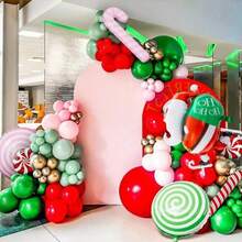 127 piezas Kit de arco de guirnalda de globos navideños, globos rosas, verdes y rojos, globo de foil de Papá Noel y bastón de caramelo para decoración de fiesta de cumpleaños y Navidad