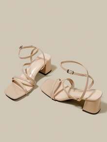 女式杏色高跟凉鞋，交叉露趾系带粗跟凉鞋，夏季鞋 - 杏色 - 查看 5