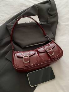 新款时尚双口袋装饰手提包托特包单肩包，适合聚会、郊游、度假、购物和日常使用，可存放硬币、手机，也适合作为白领、大学生和办公室职员的工作包，优雅的女士包 - 紅色 - 查看 5