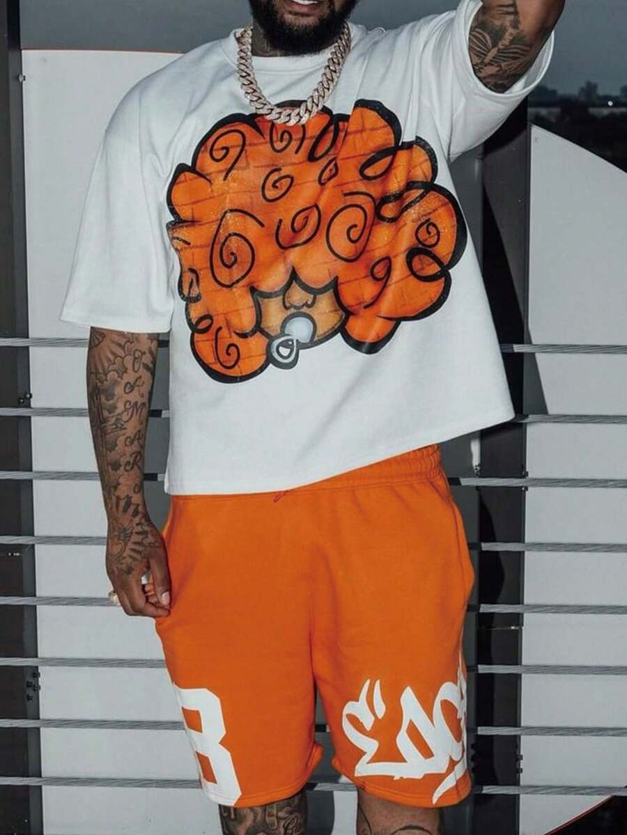 Y2K Curly Orange Hair Cartoon Tee (Cotton T-Shirt) Men's Round Neck Pure Cotton Casual T-Shirt, Made Of High-Quality Cotton, Loose Style, Versatile, Unisex, Suitable For Vacation Travel! - 白色3 - 查看 1