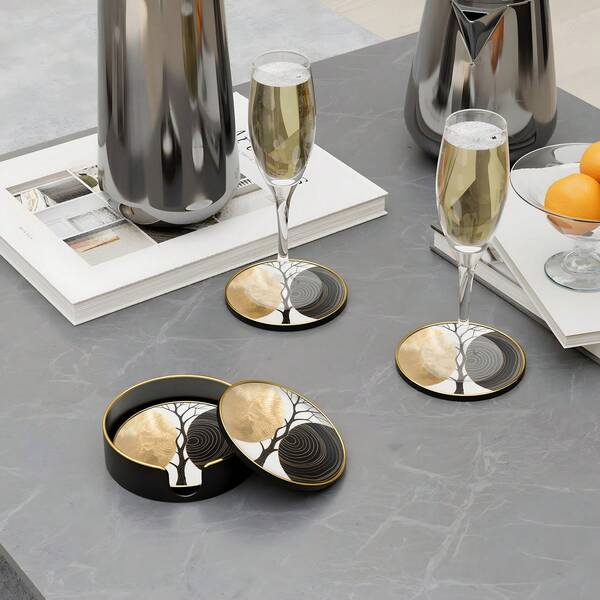 Set de 4 posavasos con soporte con diseño de árbol de la vida, set de posavasos de alta calidad, posavasos minimalistas para mesa de café, decoración del hogar, esencial para fiestas de Navidad, adecuado para bar, oficina y hogar, para todo tipo de ocasiones, protección de superficie de mesa, decoración del hogar
