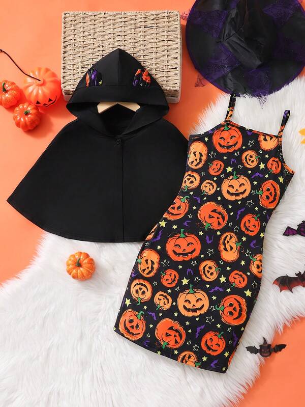 Set de 2 piese pentru fete de Halloween, casual, la modă, cu pelerină și rochie camisol cu imprimeu de dovleac, pentru petrecere