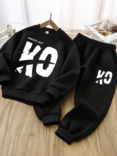 Conjunto de 2 piezas de estilo deportivo para niño con estampado KO, cómodo y elástico, para uso diario y de ocio en primavera y otoño