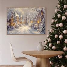 1 件复古圣诞墙画圣诞雪村夜空星星海报帆布印刷现代冬季家居装饰冬夜帆布墙画山村装饰画，房间装饰，客厅，家居装饰，圣诞海报 - 彩色 - 查看 1