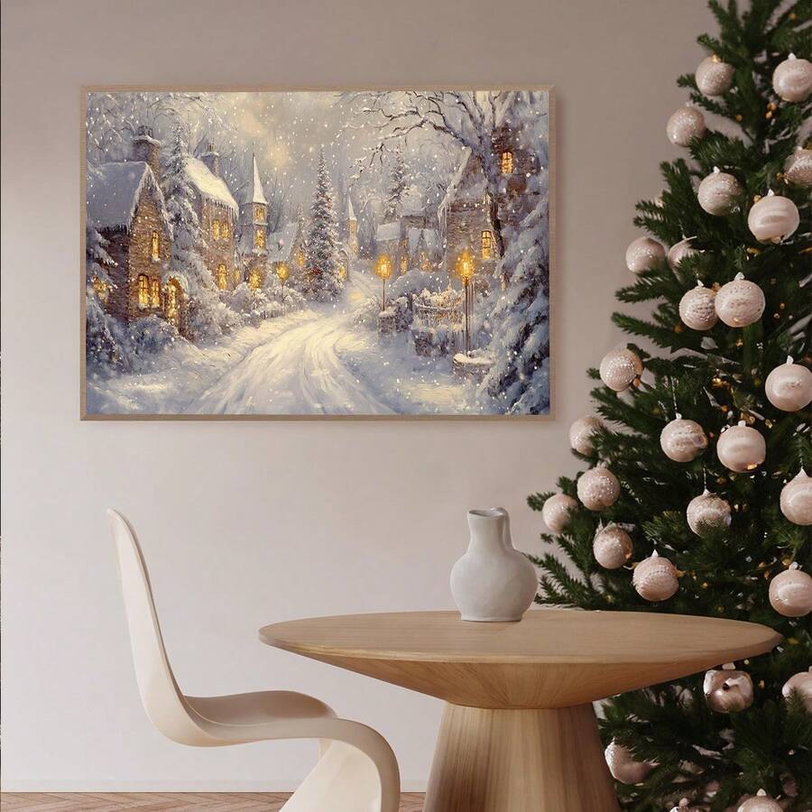 1 件复古圣诞墙画圣诞雪村夜空星星海报帆布印刷现代冬季家居装饰冬夜帆布墙画山村装饰画，房间装饰，客厅，家居装饰，圣诞海报 - 彩色 - 查看 1