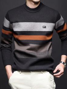 男士厚圆领毛衣，商务休闲提花针织长袖套头衫，适合分层穿着或外套，秋冬