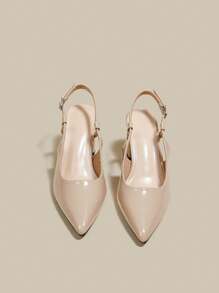 女士杏色漆皮尖头单带粗跟高跟鞋，优雅尖头正式高跟鞋，时尚露跟高跟鞋