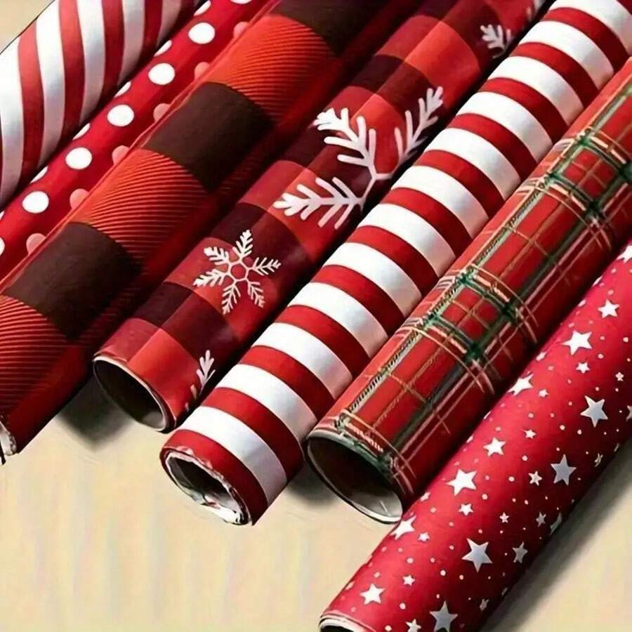 (Folded Packaging, Not Rolls)6-Pack Premium Christmas Wrapping Paper - Snowflake & Red Plaid Patterns For Holiday Gifts, Perfect Christmas Choice - Multicolor - View 1