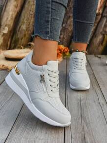 Fall/Winter New Fashion Wedge Heel Sneakers, Women Casual Breathable Lace Up Splicing Platform Shoes, Plus Size - Grey - View 4