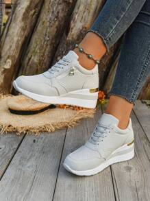 Fall/Winter New Fashion Wedge Heel Sneakers, Women Casual Breathable Lace Up Splicing Platform Shoes, Plus Size - Grey - View 2