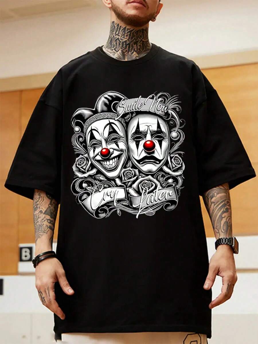 100% single-sided pure cotton, a soft and breathable T-shirt for summer, a popular and trendy T-shirt recently, moisture wicking, printed with clown pattern, suitable for sports, outdoor travel and weekends, the best gift choice - Negro - Ver 1