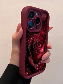 1 件酒红色水滴玫瑰花朵图案全覆盖 TPU 防震手机壳适用于 Apple 16、15、14、13、12、11 Pro Max 系列防水防摔防刮 - 彩色 - 查看 3