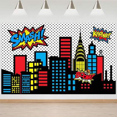 1 Stück Superhelden Stadtbild Fotografie Hintergrund Skyline Gebäude Stadt Boom Hintergrund Geburtstags Party Banner Baby-Shower Dekorationen Foto Requisiten