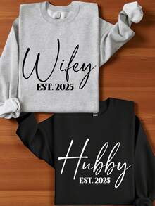1 PC Wifey Hubby Est 2025 Sweatshirt, Newlyweds Crewneck, Couple Matching Long Sleeve Sweater, Honeymooning Sweatshirt, Gift For Couple TT3921 - Ông chồng da đen - Xem 1