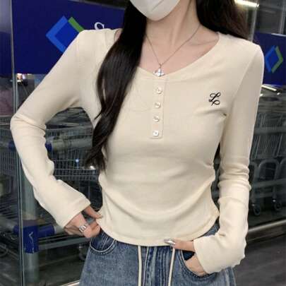 여성용 자수 버튼 긴팔 핏티드 크롭 탑, 가을