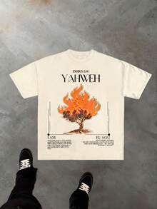 Men's Retro 230g  Cotton T-Shirt, Printing "  YAHWEH And Burning Bush" Grunge Style, Street Clothes,Christianity Clothing, Large T-Shirt,  Jesus Shirt,Graphic Y2K Shirt, Acid-Washed T-Shirt, Christian Clothes ,Gothic Pun - 杏色1 - 查看 1