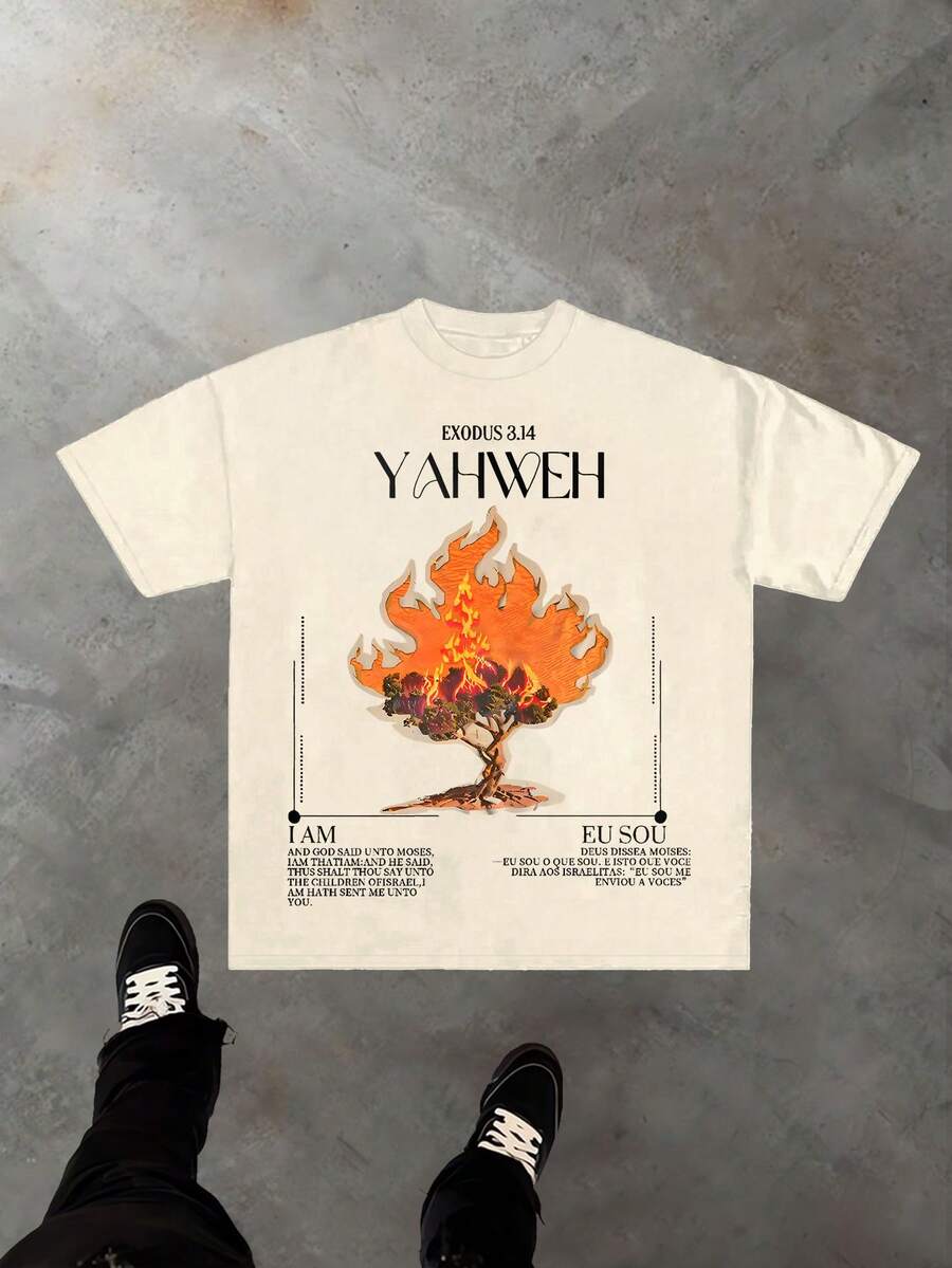 Men's Retro 230g Cotton T-Shirt, Printing " YAHWEH And Burning Bush" Grunge Style, Street Clothes,Christianity Clothing, Large T-Shirt, Jesus Shirt,Graphic Y2K Shirt, Acid-Washed T-Shirt, Christian Clothes ,Gothic Pun - 杏色1 - 查看 1