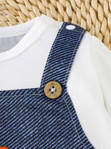 Cartoon Giraffe Embroidered Denim Effect Bib Overalls Long Sleeve Baby Jumpsuit, Spring/Autumn