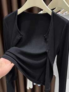 1pc Women's Asymmetrical Button Knit Cardigan, Long Sleeve Lightweight Shawl Collar Outwear, Black, White, Gray, Pink For Dress