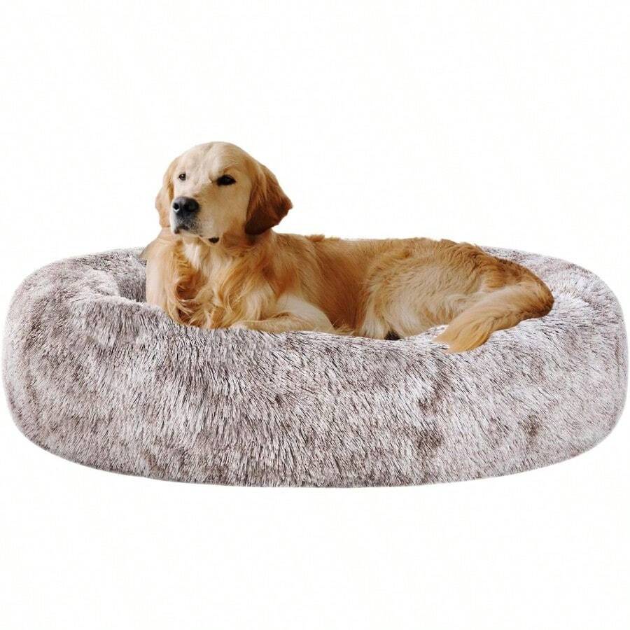 Oval Calming Donut Cuddler Dog BedShag Faux Fur Cat Bed Washable Round Pillow Pet Bed 30 36 43 For Medium Dogs (XL(36x27x7) Light Brown) - XL36x27x7 - View 1