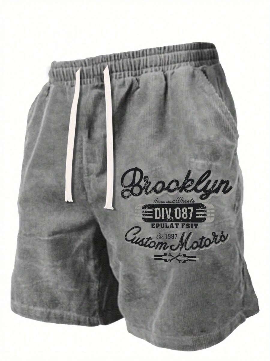 290g Washed, Motorcycle Tool Printed Shorts, High-Quality Wax Printed Cotton Men's Shorts, Suitable For Daily Wear, Adjustable Drawstring Waist Circumference, Elastic Waistband And Pocket, Holiday Gift - 深灰色 - 查看 1