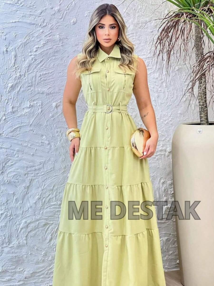 Women's Sleeveless Maxi Dress With Front Buttons, Shirt Collar, Pockets, And Adjustable Belt In Ruffle Layers - verde menta - Ver 1