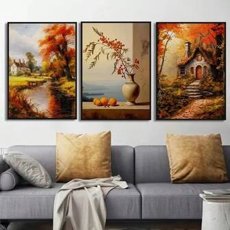 1/3pcs Nordic Autumn Landscape Canvas Oil Painting Red Forest Wooden House Home Living Room Bedroom Decoration Hanging Painting Optional Wooden Frame Wall Decoration