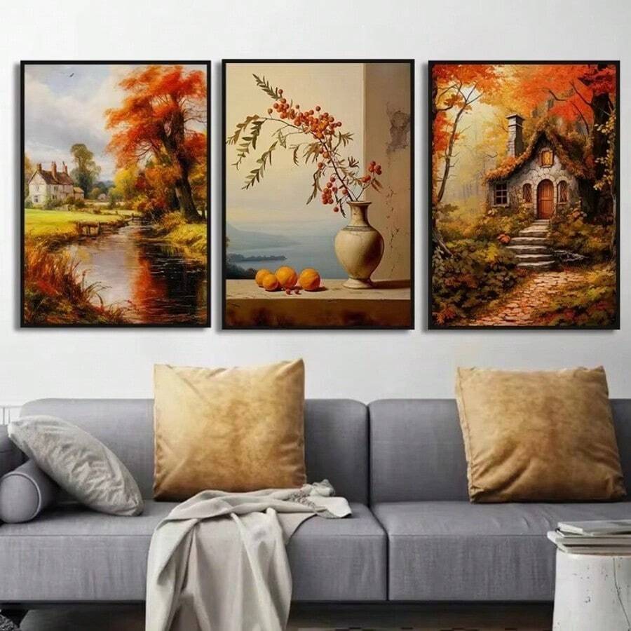 1/3pcs Nordic Autumn Landscape Canvas Oil Painting Red Forest Wooden House Home Living Room Bedroom Decoration Hanging Painting Optional Wooden Frame Wall Decoration - Multicolor - View 1
