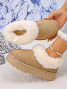 1 双厚底保暖内衬青少年雪地靴，适合室内外穿着，防滑，休闲，秋冬 - 卡其色 - 查看 3