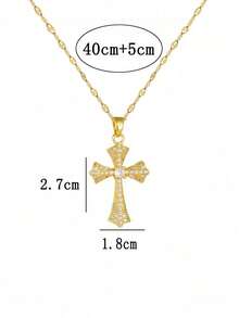 1pc Luxury Copper Zirconia Cross Pendant Necklace For Women - Gold - View 4